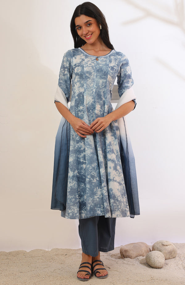 Blue Printed Flarred Kurta with Palazzo & Dupatta Set