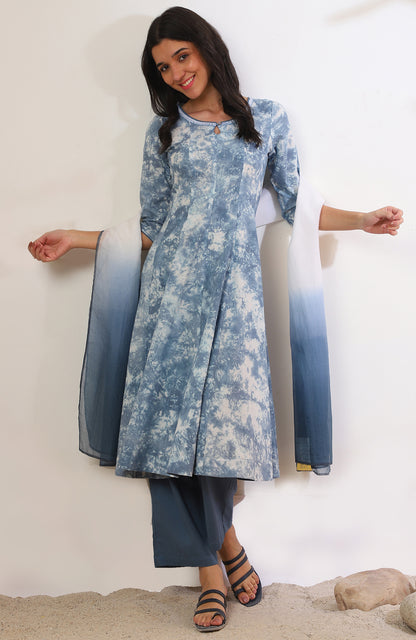 Blue Printed Flarred Kurta with Palazzo &amp; Dupatta Set