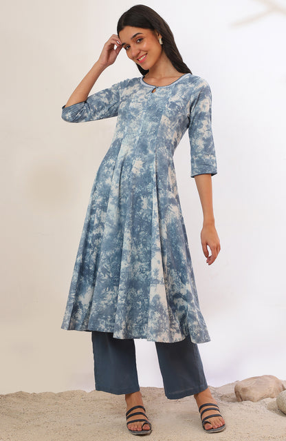 Blue Printed Flarred Kurta with Palazzo &amp; Dupatta Set