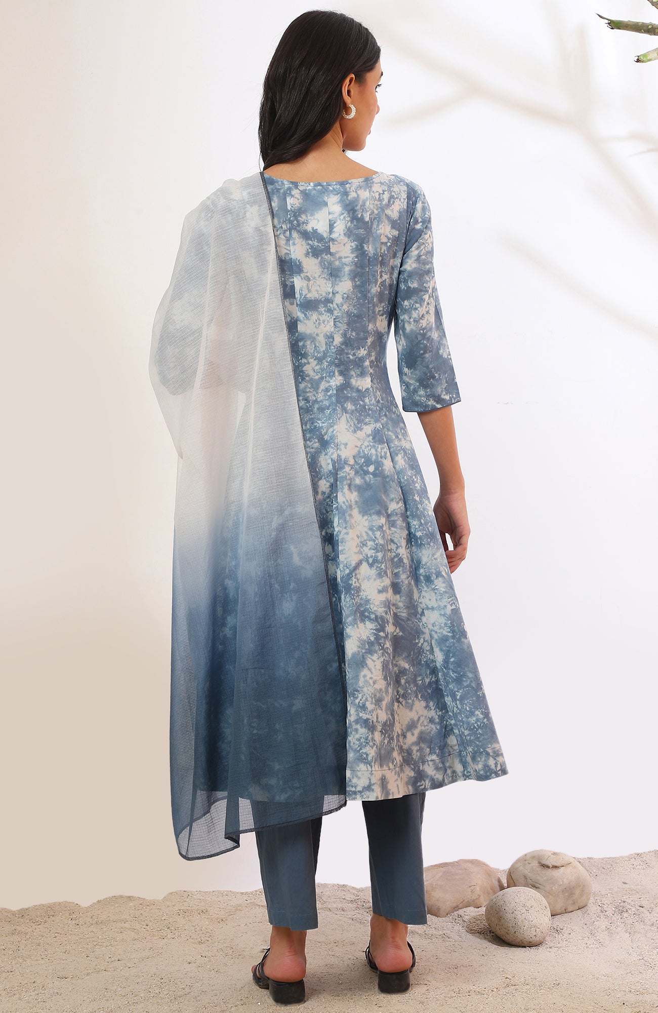 Blue Printed Flarred Kurta with Palazzo &amp; Dupatta Set