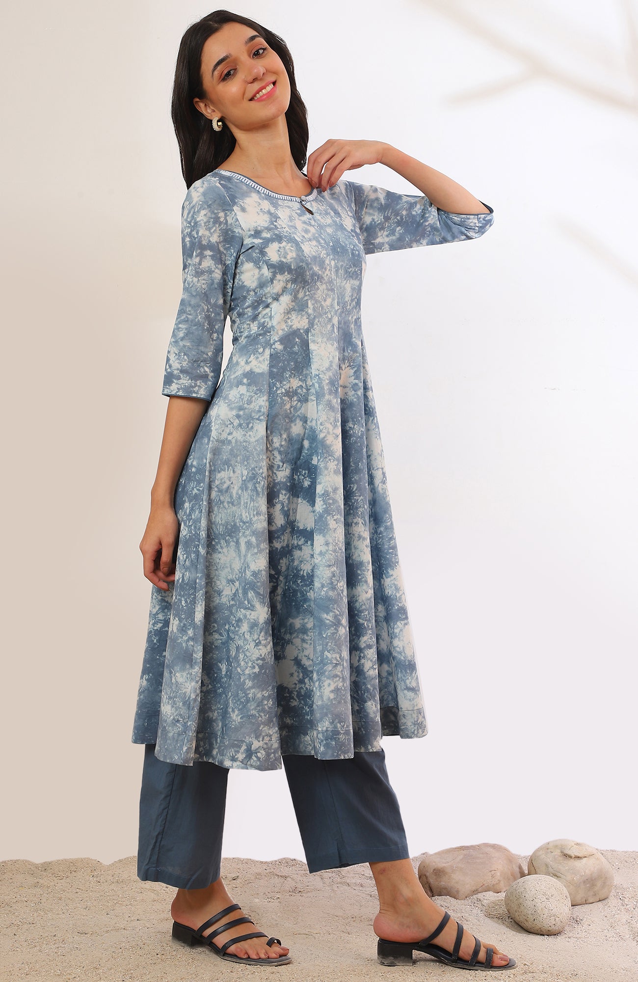 Blue Printed Flarred Kurta with Palazzo &amp; Dupatta Set