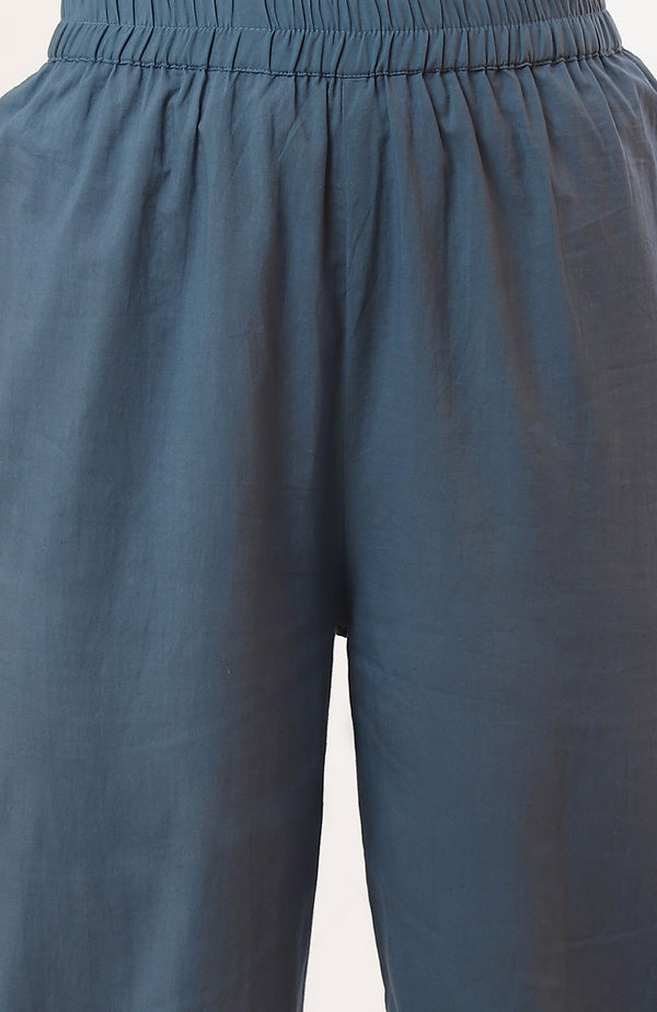 Blue Printed Flarred Kurta with Palazzo & Dupatta Set