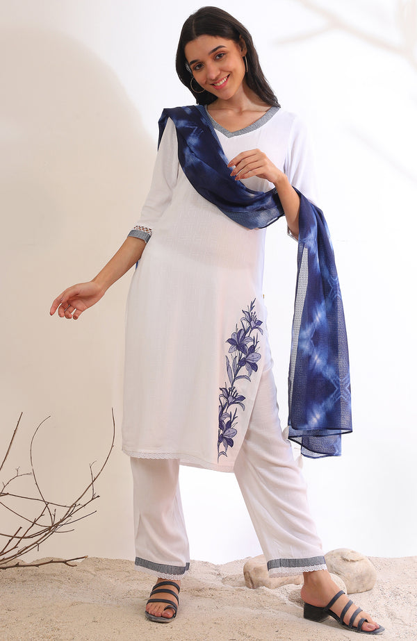 White Solid Straight Kurta with Palazzo & Dupatta Set