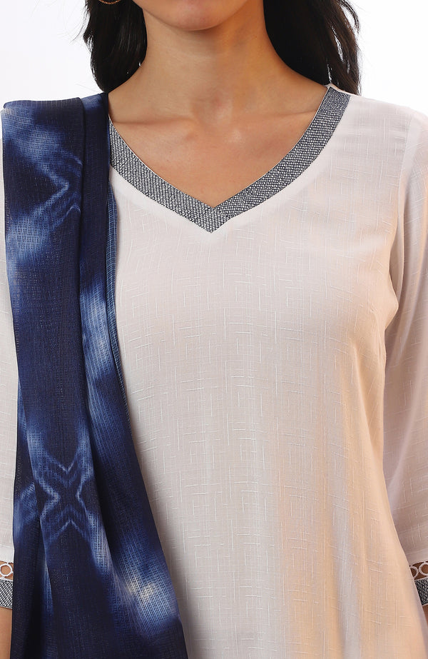 White Solid Straight Kurta with Palazzo & Dupatta Set