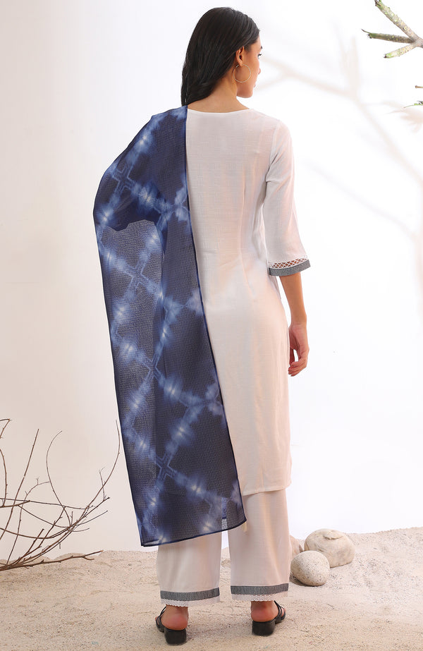 White Solid Straight Kurta with Palazzo & Dupatta Set