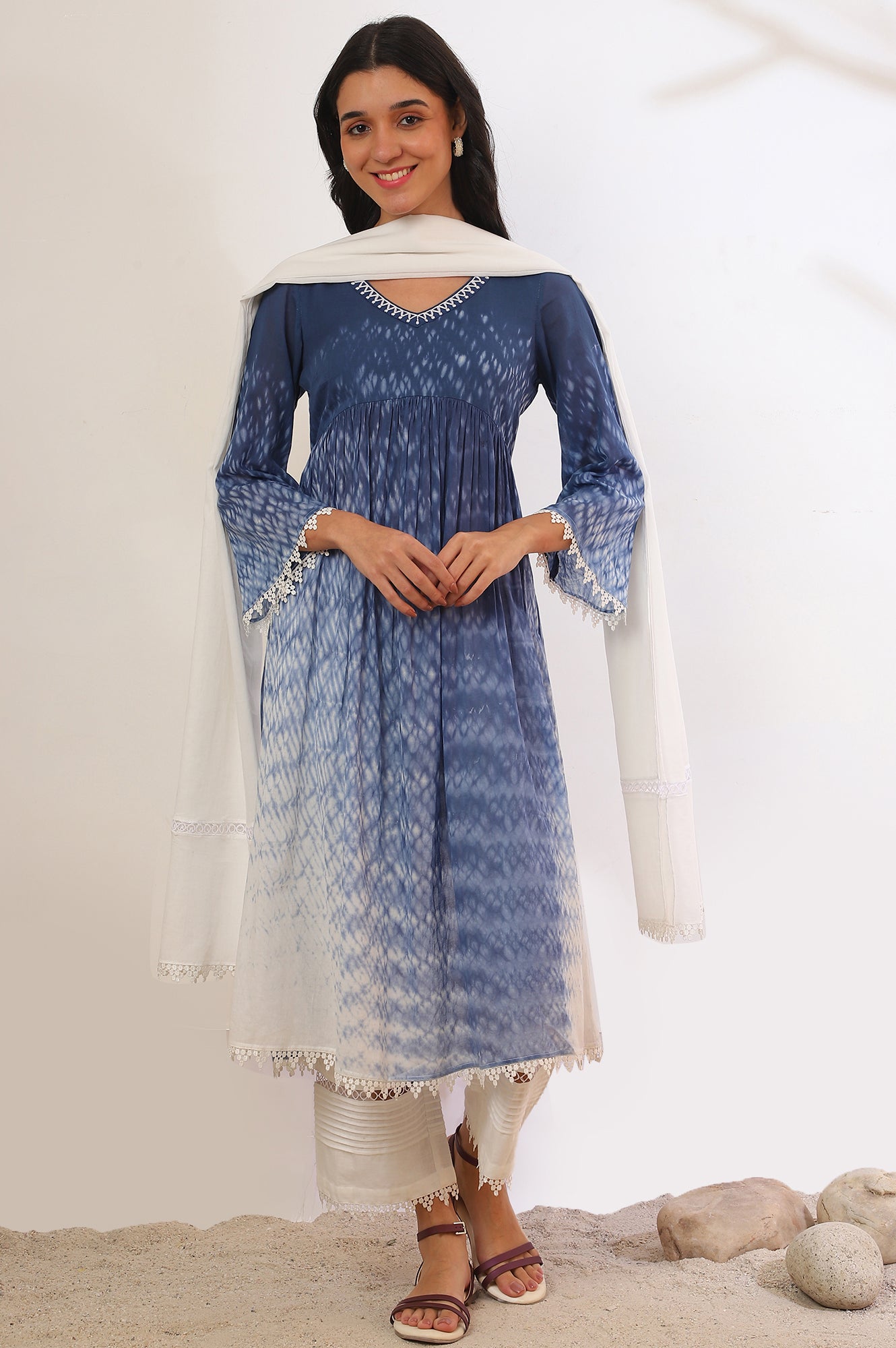 Blue Printed Pure Cotton Flarred Kurta with Palazzo &amp; Dupatta Set