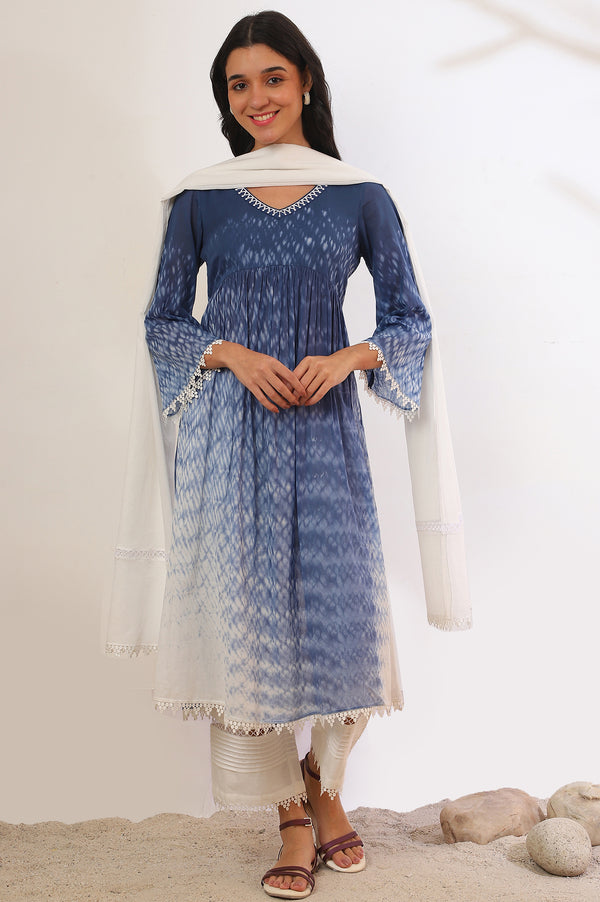 Blue Printed Pure Cotton Flarred Kurta with Palazzo & Dupatta Set