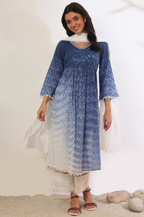 Blue Printed Pure Cotton Flarred Kurta with Palazzo & Dupatta Set