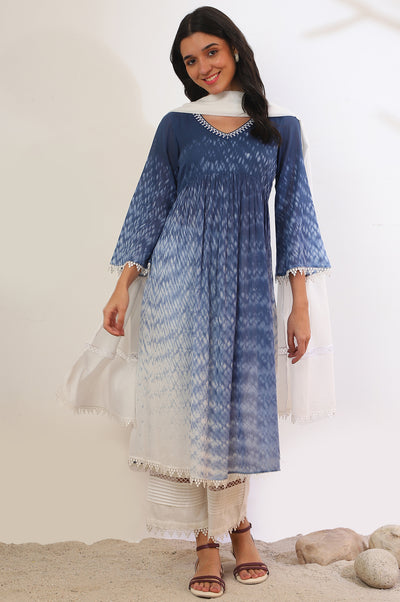 Blue Printed Pure Cotton Flarred Kurta with Palazzo & Dupatta Set