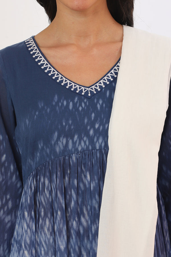 Blue Printed Pure Cotton Flarred Kurta with Palazzo & Dupatta Set