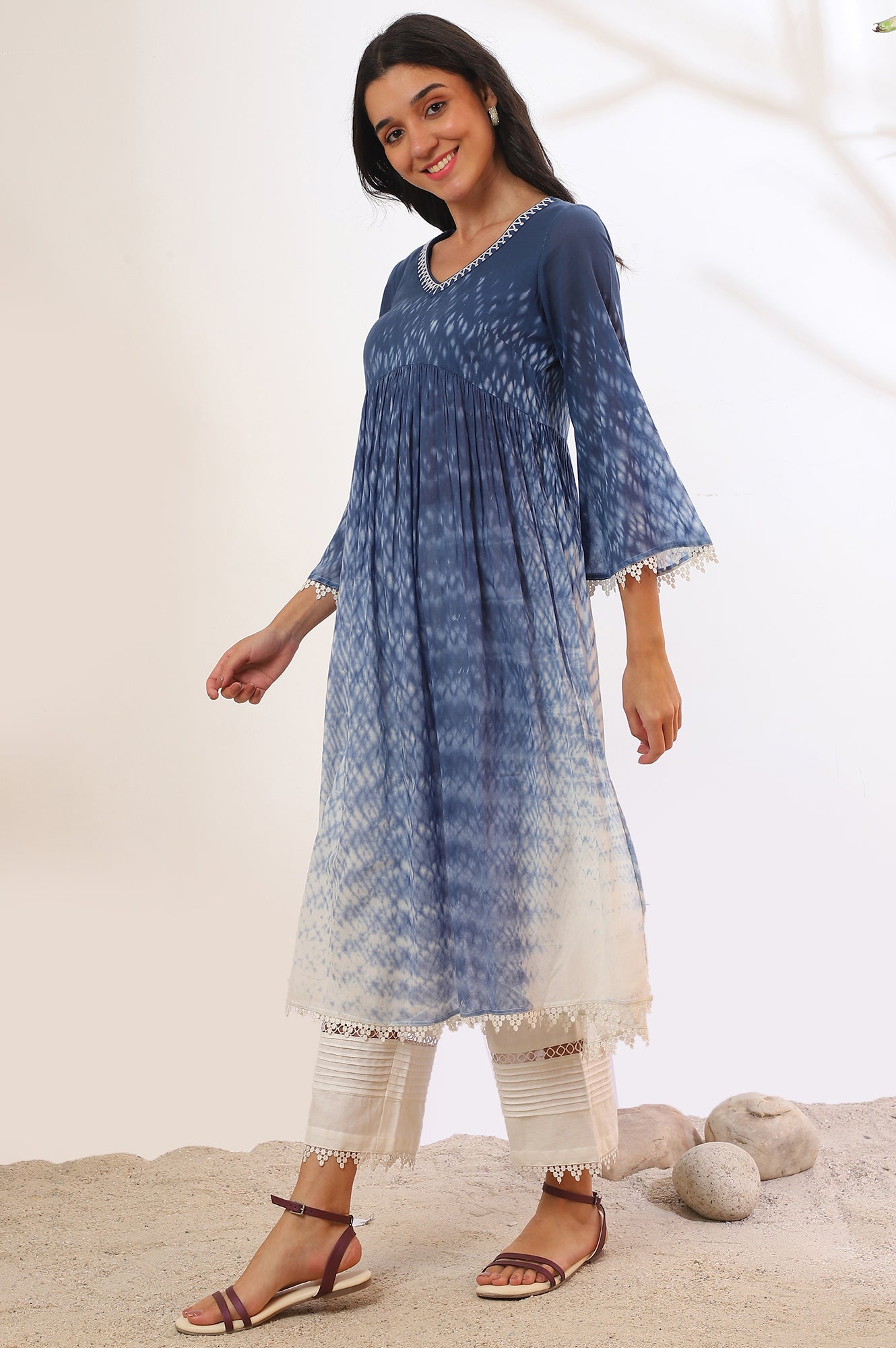 Blue Printed Pure Cotton Flarred Kurta with Palazzo &amp; Dupatta Set