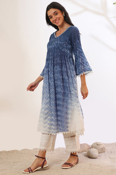 Blue Printed Pure Cotton Flarred Kurta with Palazzo & Dupatta Set
