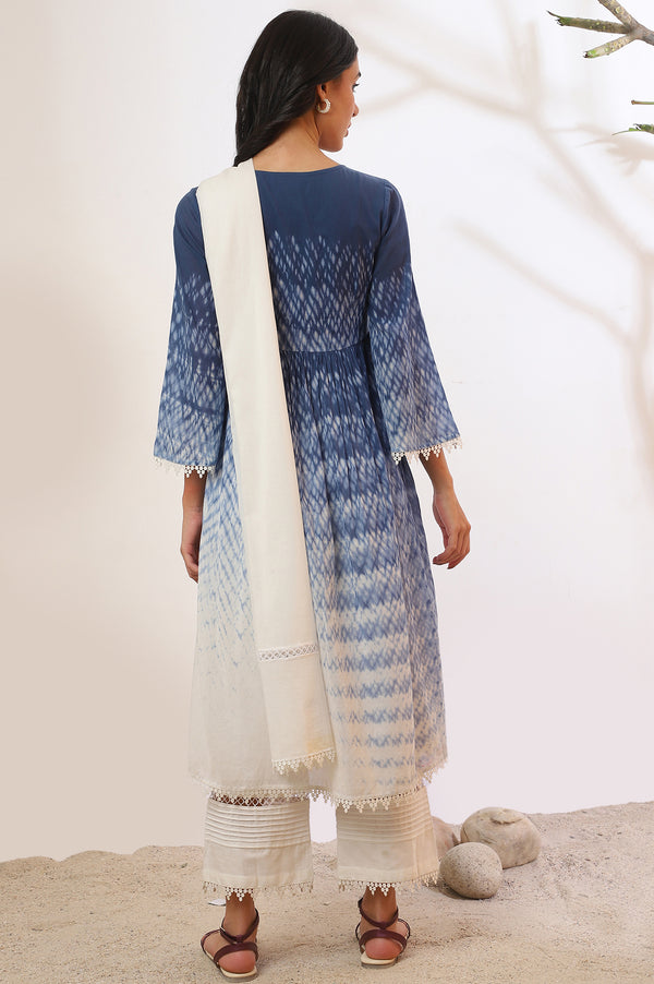 Blue Printed Pure Cotton Flarred Kurta with Palazzo & Dupatta Set