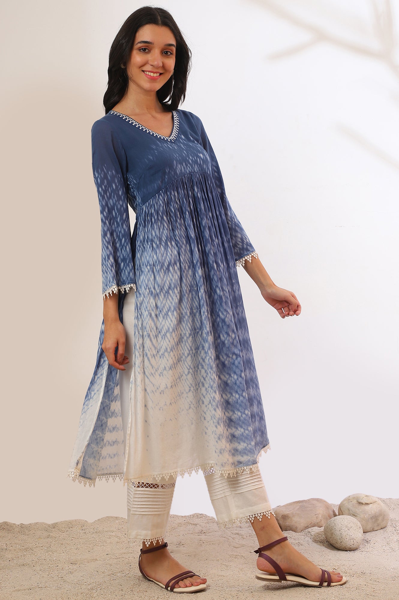 Blue Printed Pure Cotton Flarred Kurta with Palazzo &amp; Dupatta Set