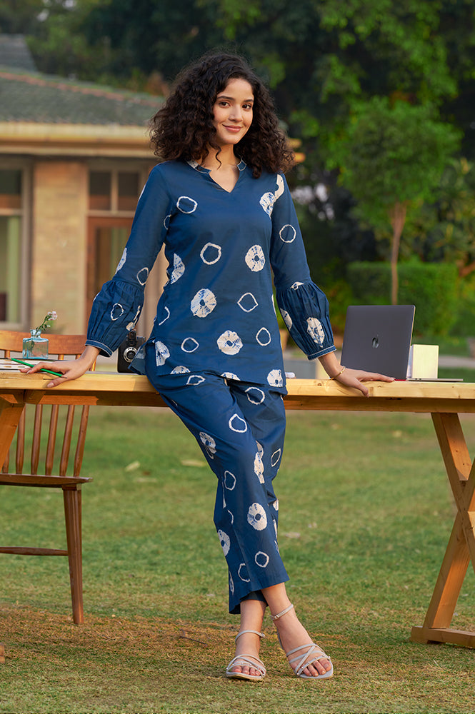 Blue Tie and Dye Shibori Pure Cotton Top and Pants Co-ord Set - S