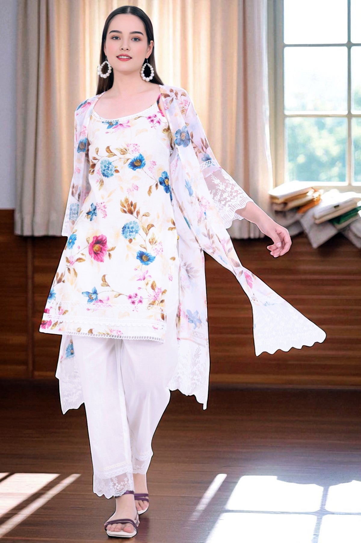 White Printed Gillet Straight Kurta with Palazzo & Dupatta Set - S