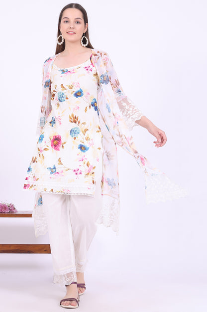 White Printed Gillet Straight Kurta with Palazzo &amp; Dupatta Set