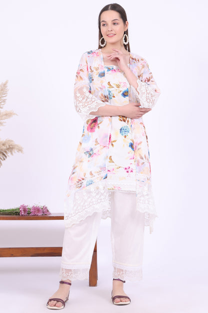 White Printed Gillet Straight Kurta with Palazzo &amp; Dupatta Set