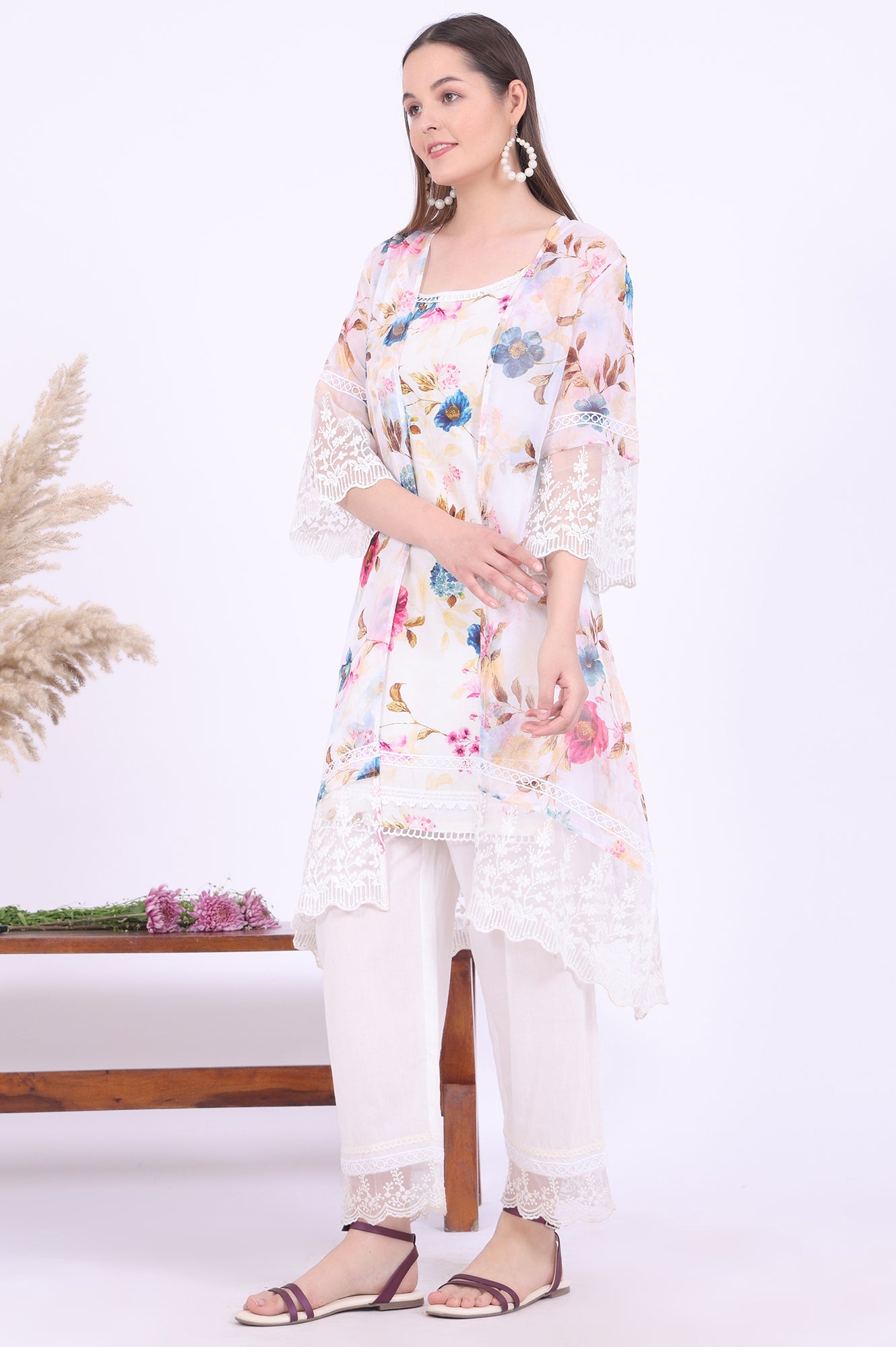 White Printed Gillet Straight Kurta with Palazzo &amp; Dupatta Set