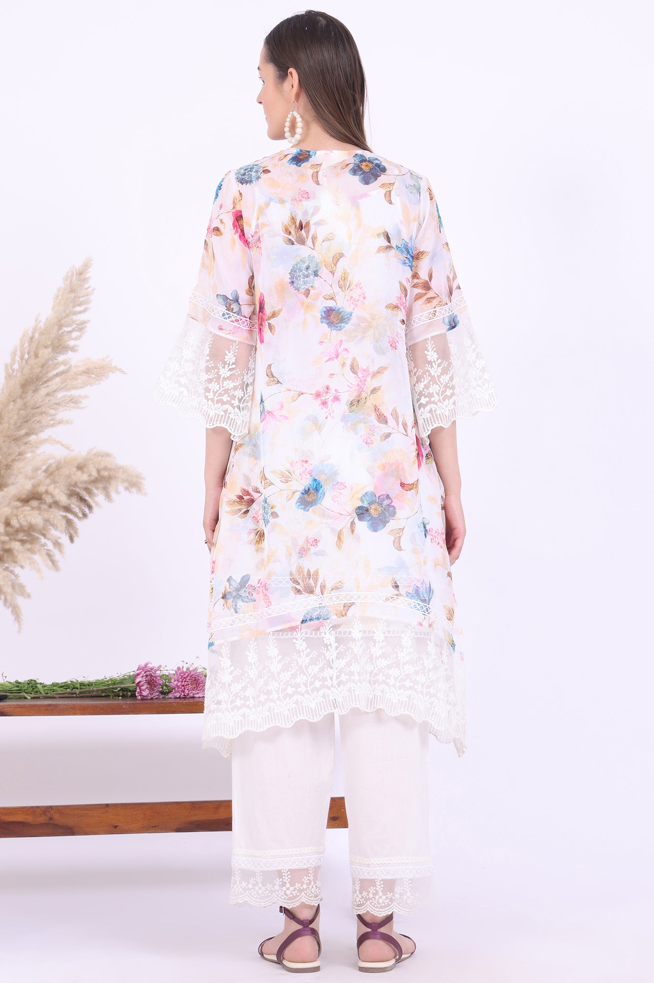 White Printed Gillet Straight Kurta with Palazzo &amp; Dupatta Set