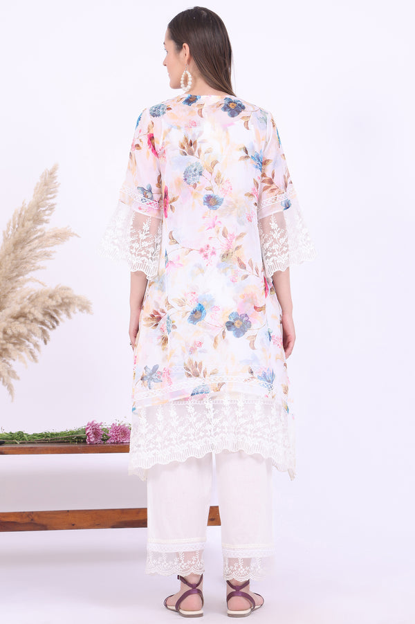 White Printed Gillet Straight Kurta with Palazzo & Dupatta Set
