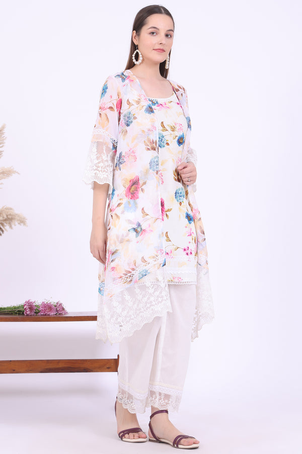 White Printed Gillet Straight Kurta with Palazzo & Dupatta Set