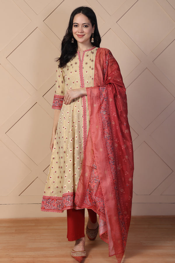 Beige Jacquard A-Line Kurta with Palazzo and Dupatta Set