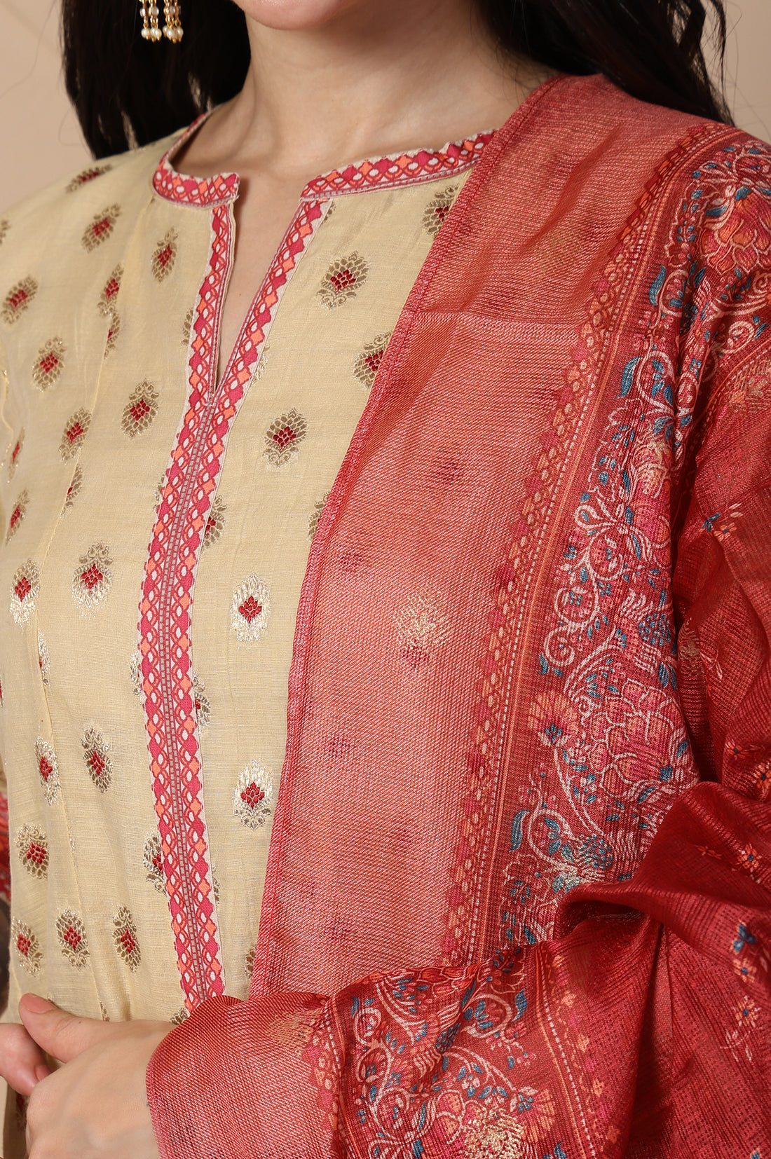 Beige Jacquard A-Line Kurta with Palazzo and Dupatta Set