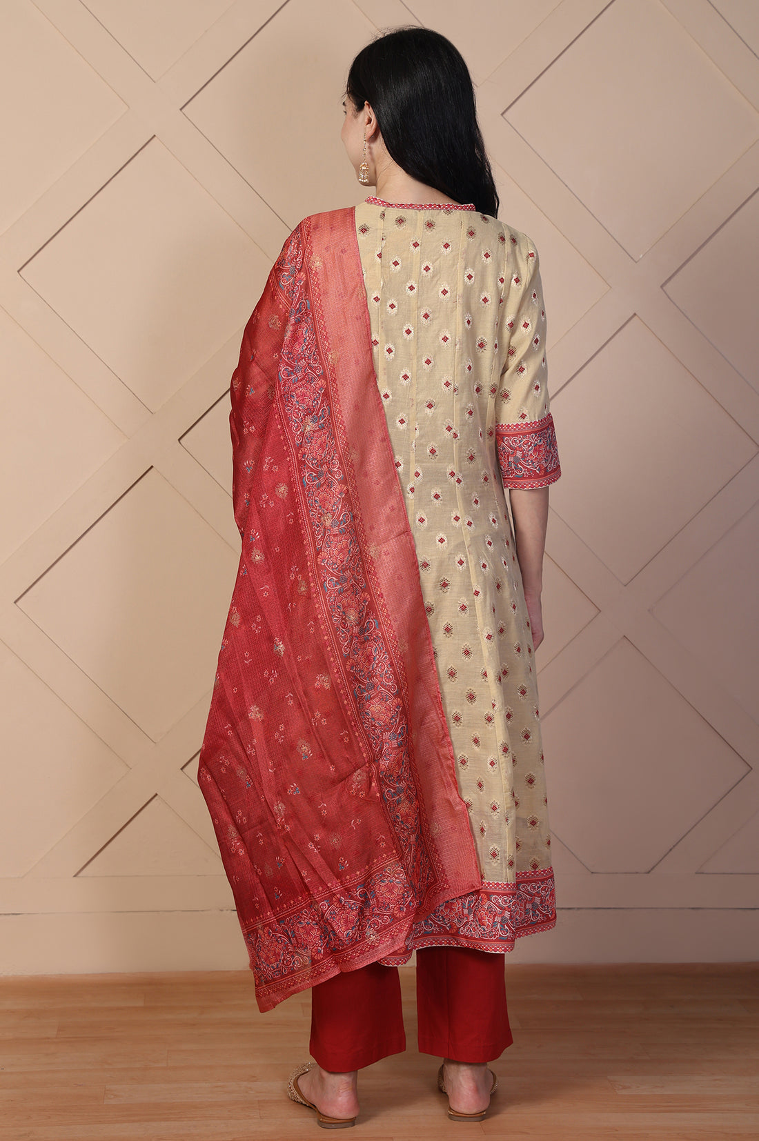 Beige Jacquard A-Line Kurta with Palazzo and Dupatta Set