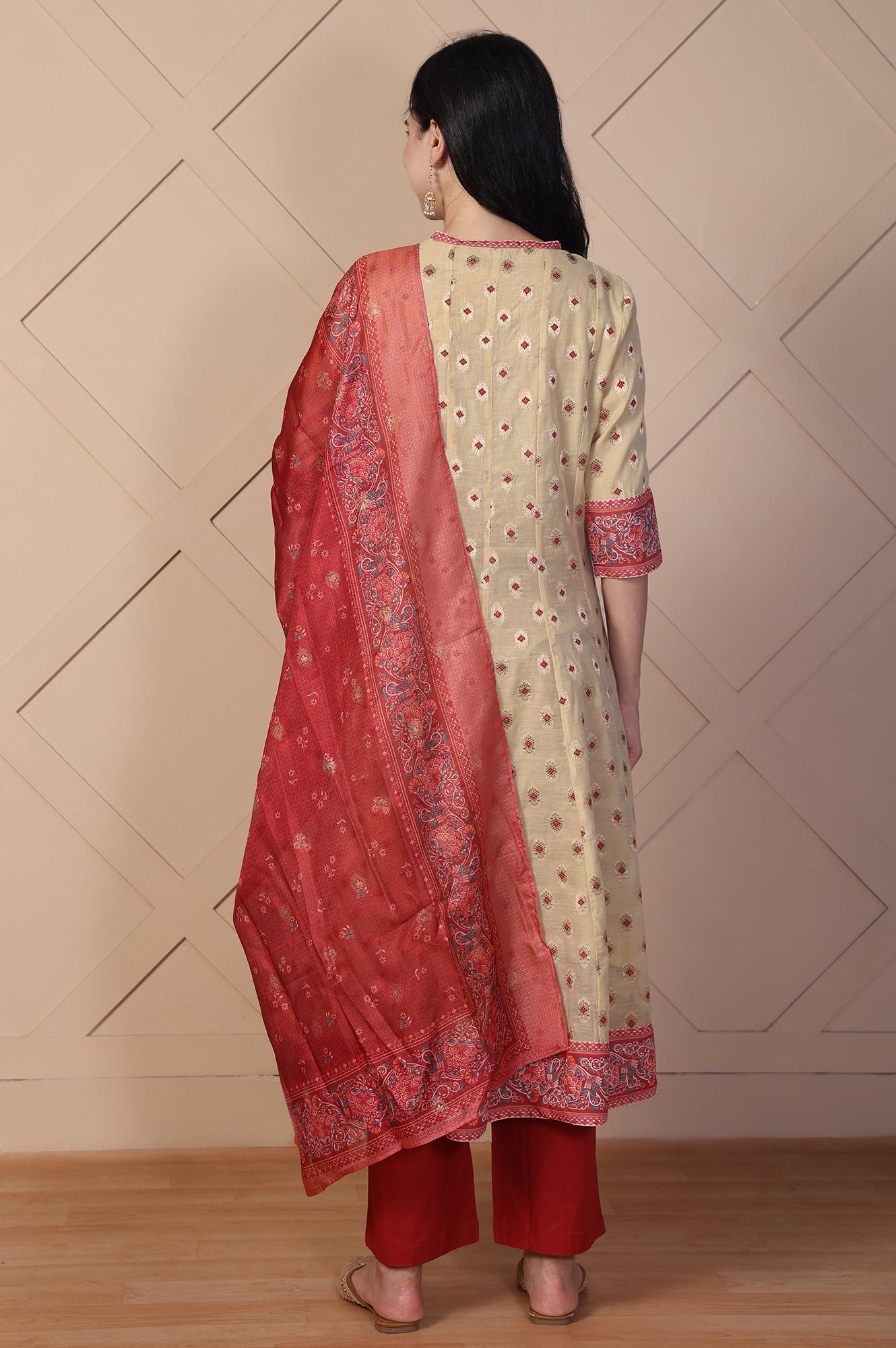 Beige Jacquard A-Line Kurta with Palazzo and Dupatta Set