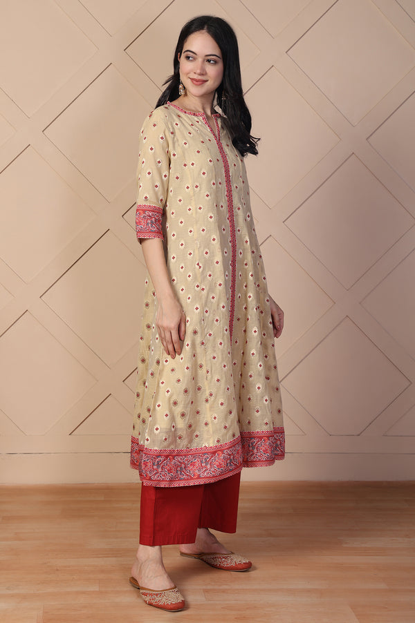 Beige Jacquard A-Line Kurta with Palazzo and Dupatta Set