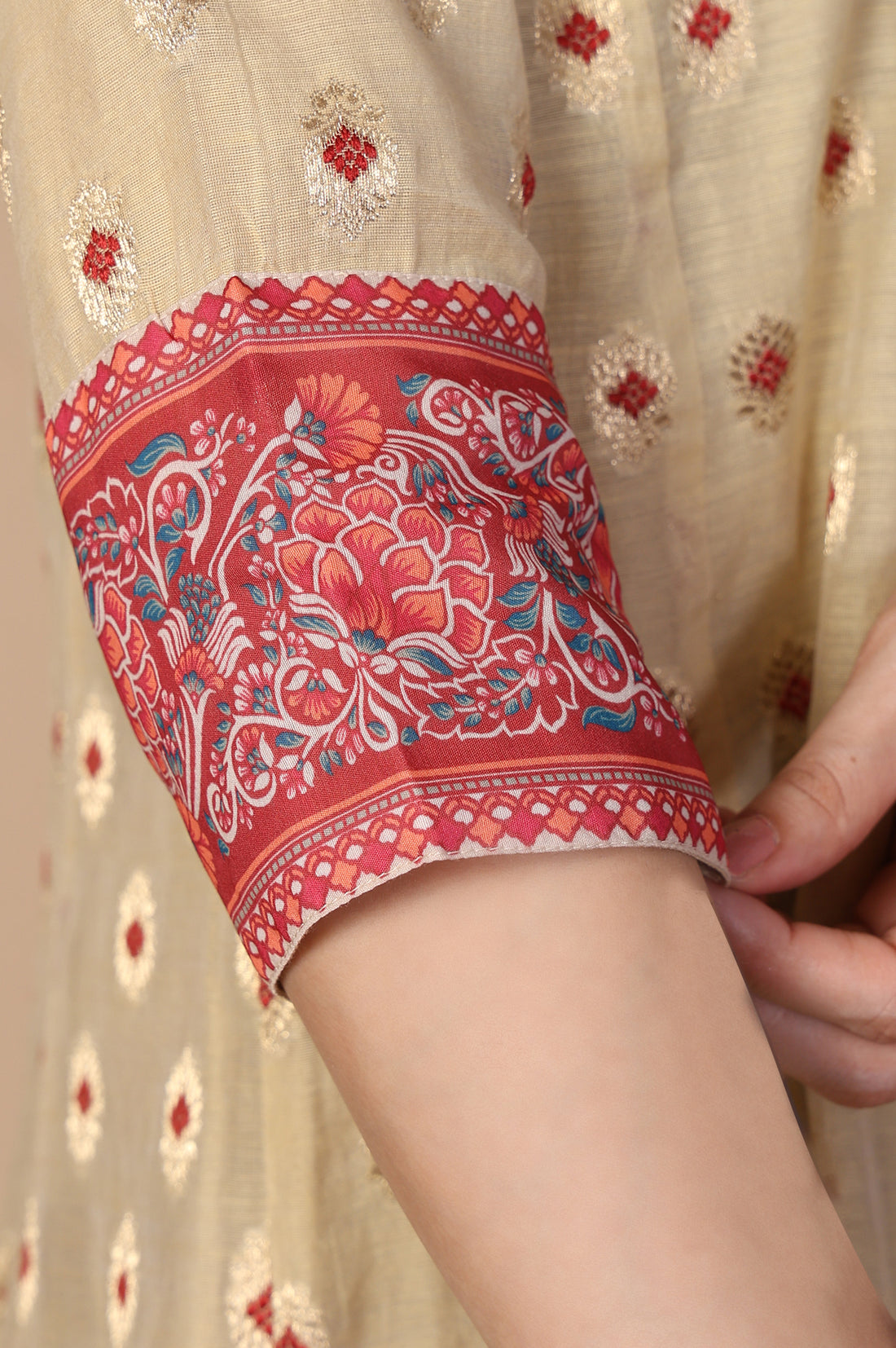 Beige Jacquard A-Line Kurta with Palazzo and Dupatta Set