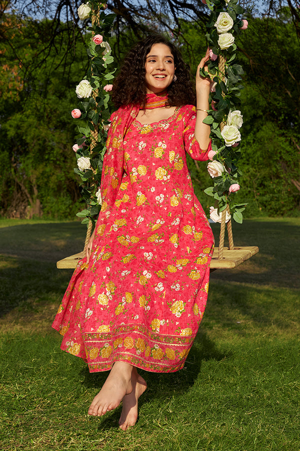 Pink Printed Anarkali with Leggings & Dupatta Set