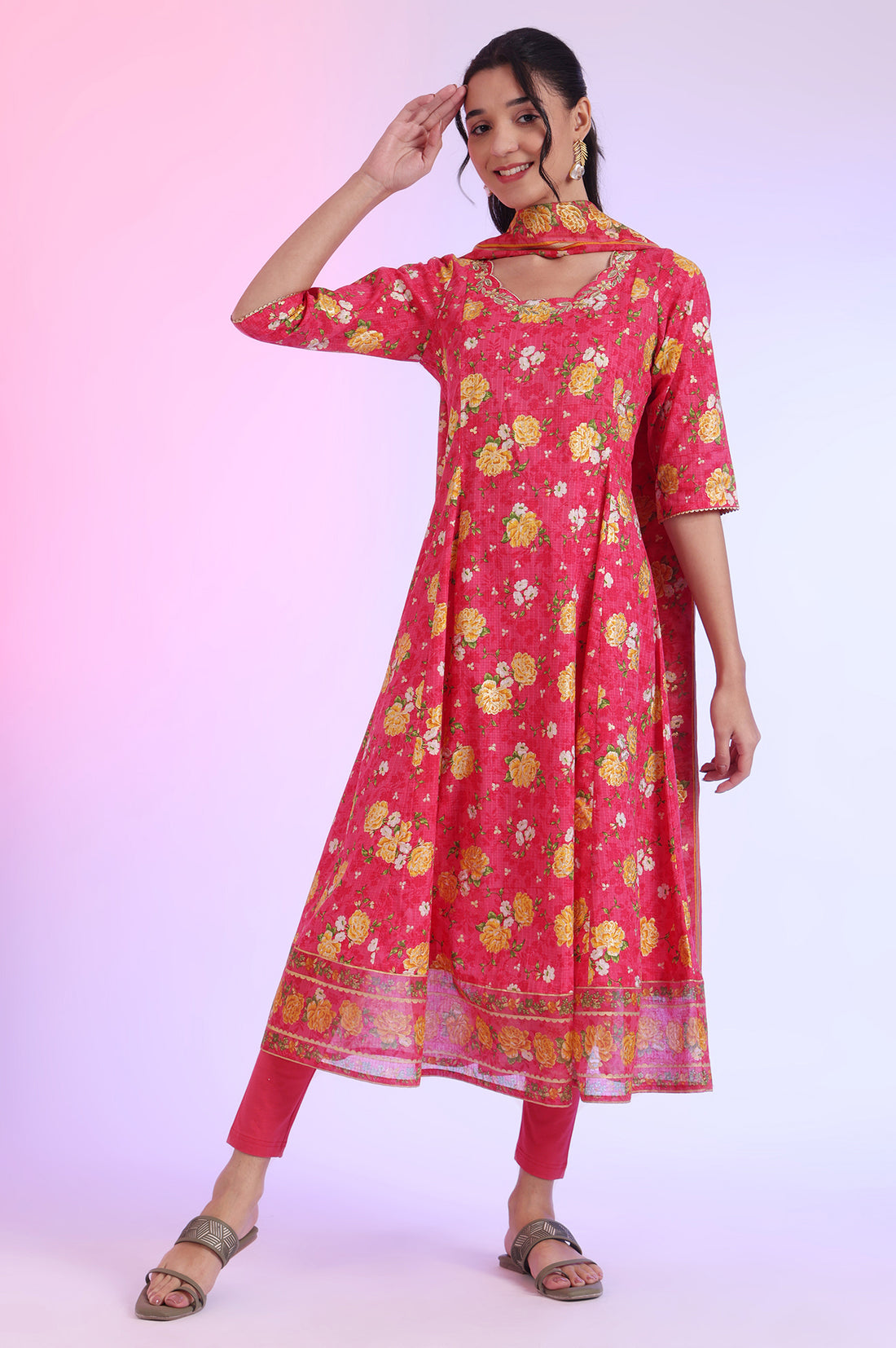 Pink Printed Anarkali with Leggings &amp; Dupatta Set