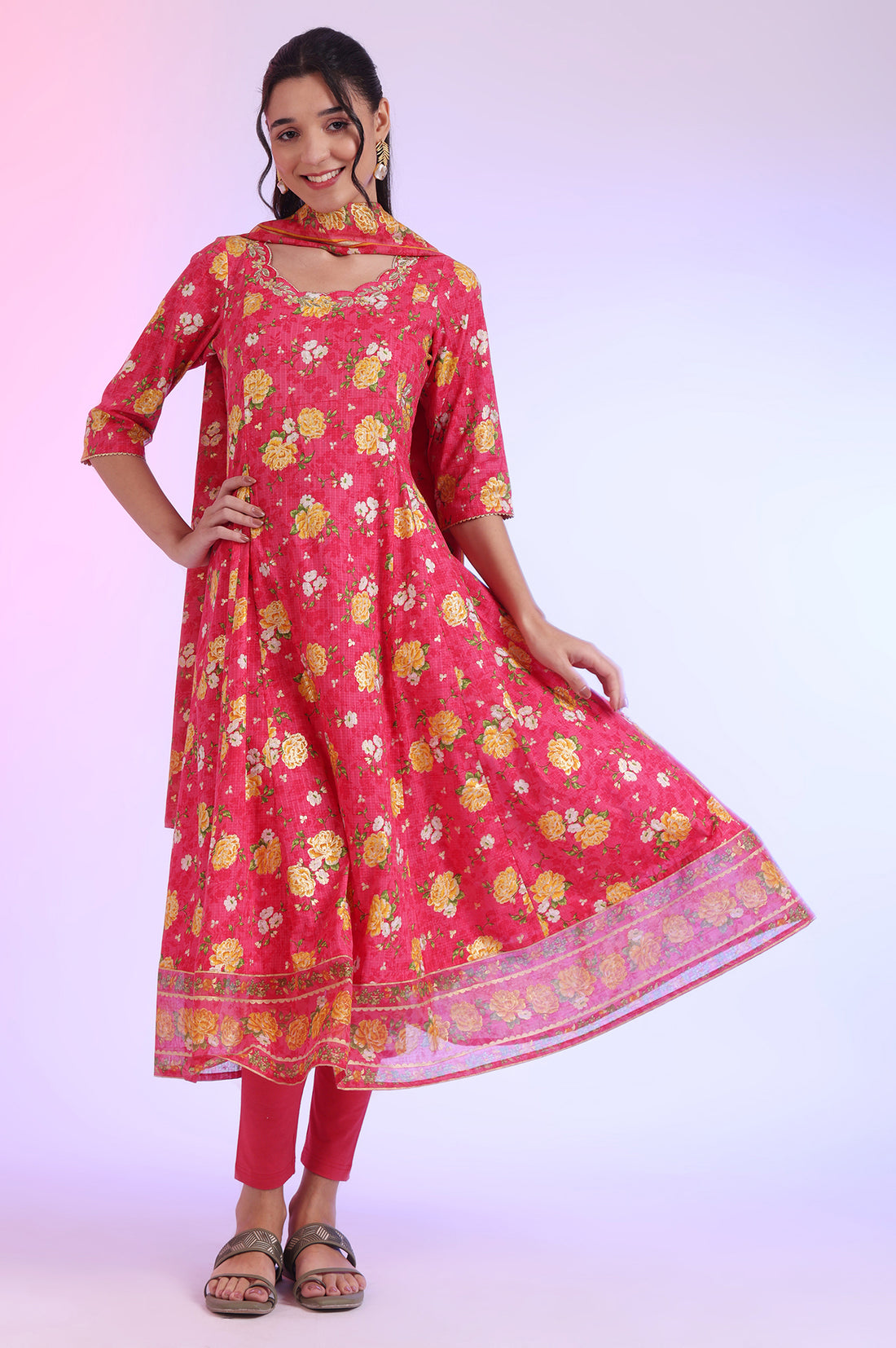 Pink Printed Anarkali with Leggings &amp; Dupatta Set