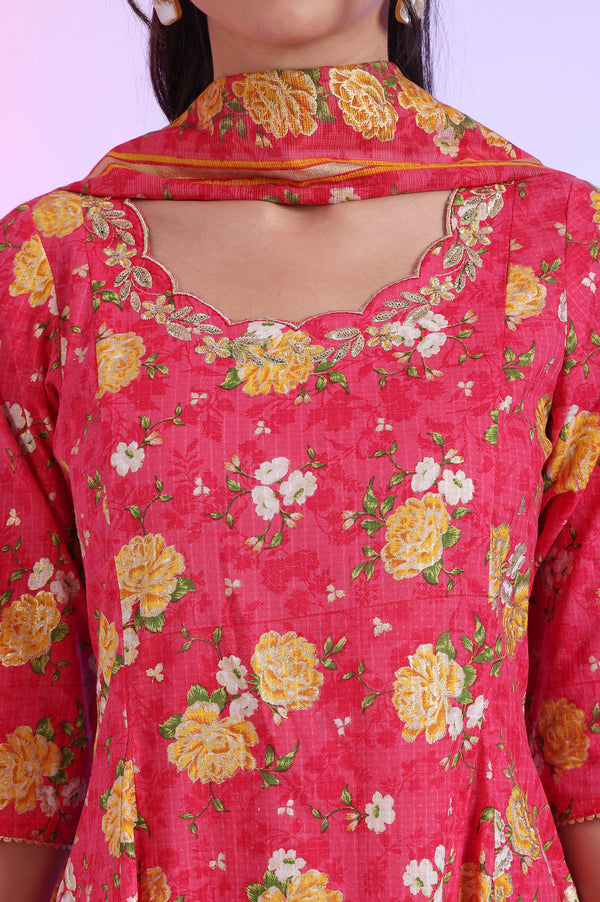 Pink Printed Anarkali with Leggings & Dupatta Set