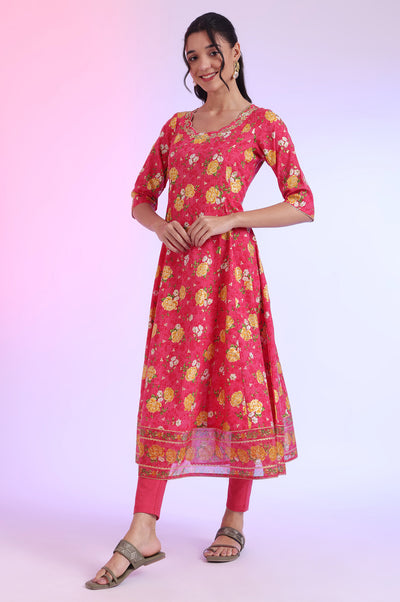 Pink Printed Anarkali with Leggings & Dupatta Set