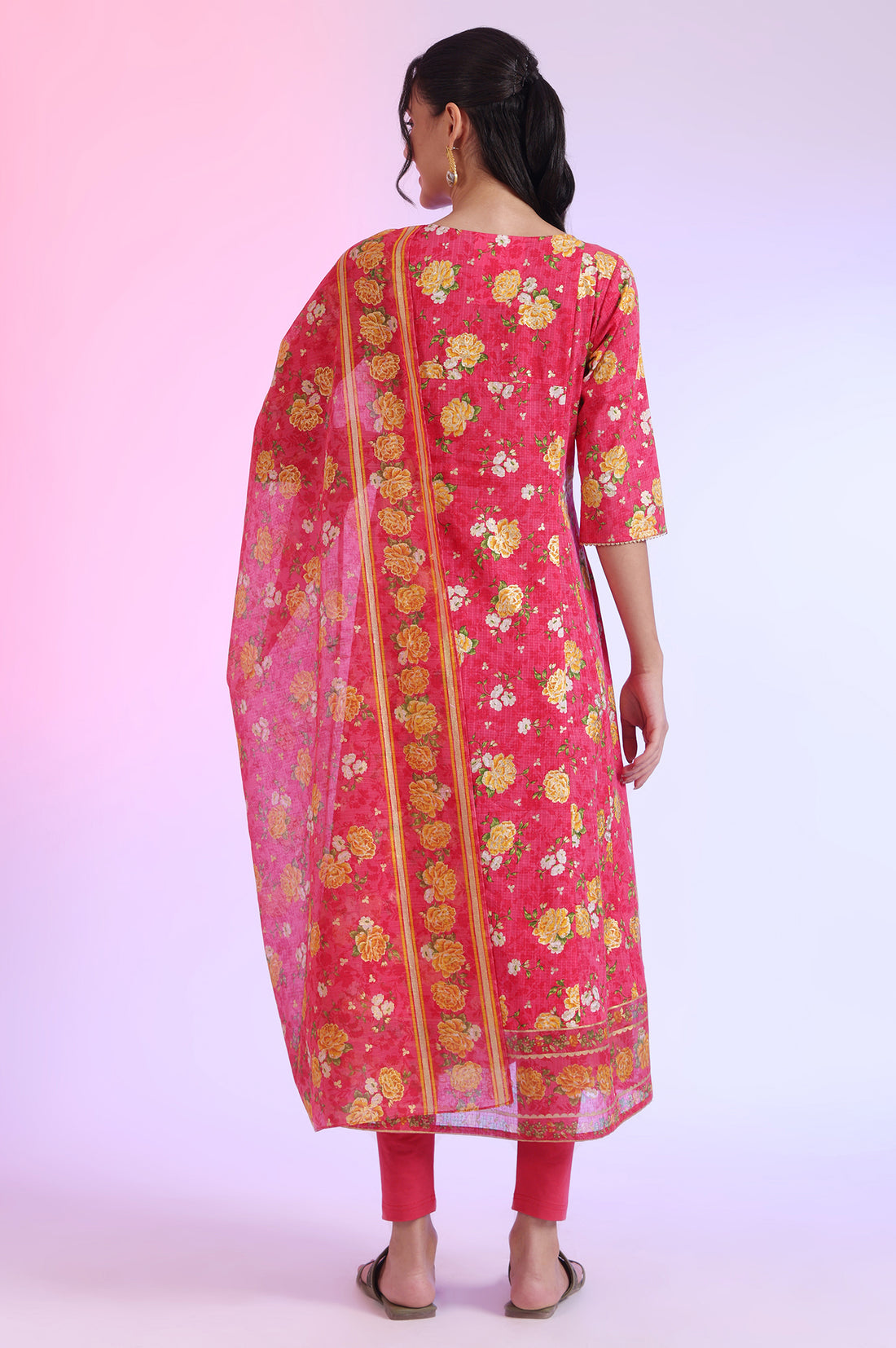 Pink Printed Anarkali with Leggings &amp; Dupatta Set