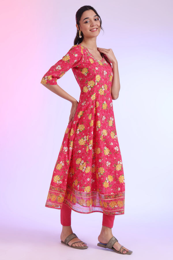 Pink Printed Anarkali with Leggings & Dupatta Set