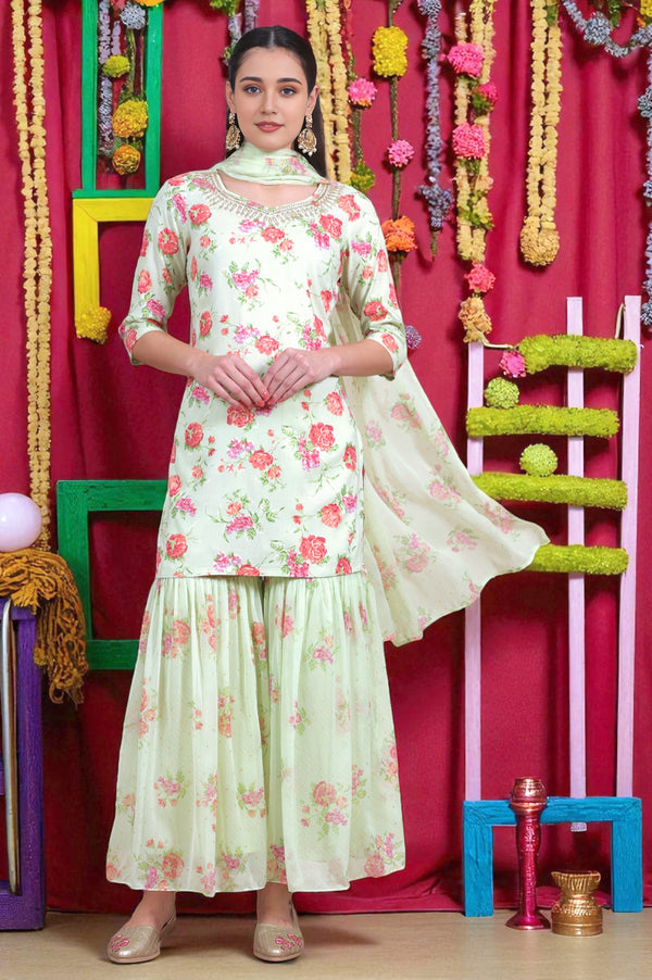 Pink Zari Embroidered Tissue Flared Kurta and Pants and Dupatta Set