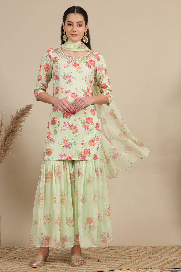 Pink Zari Embroidered Tissue Flared Kurta and Pants and Dupatta Set