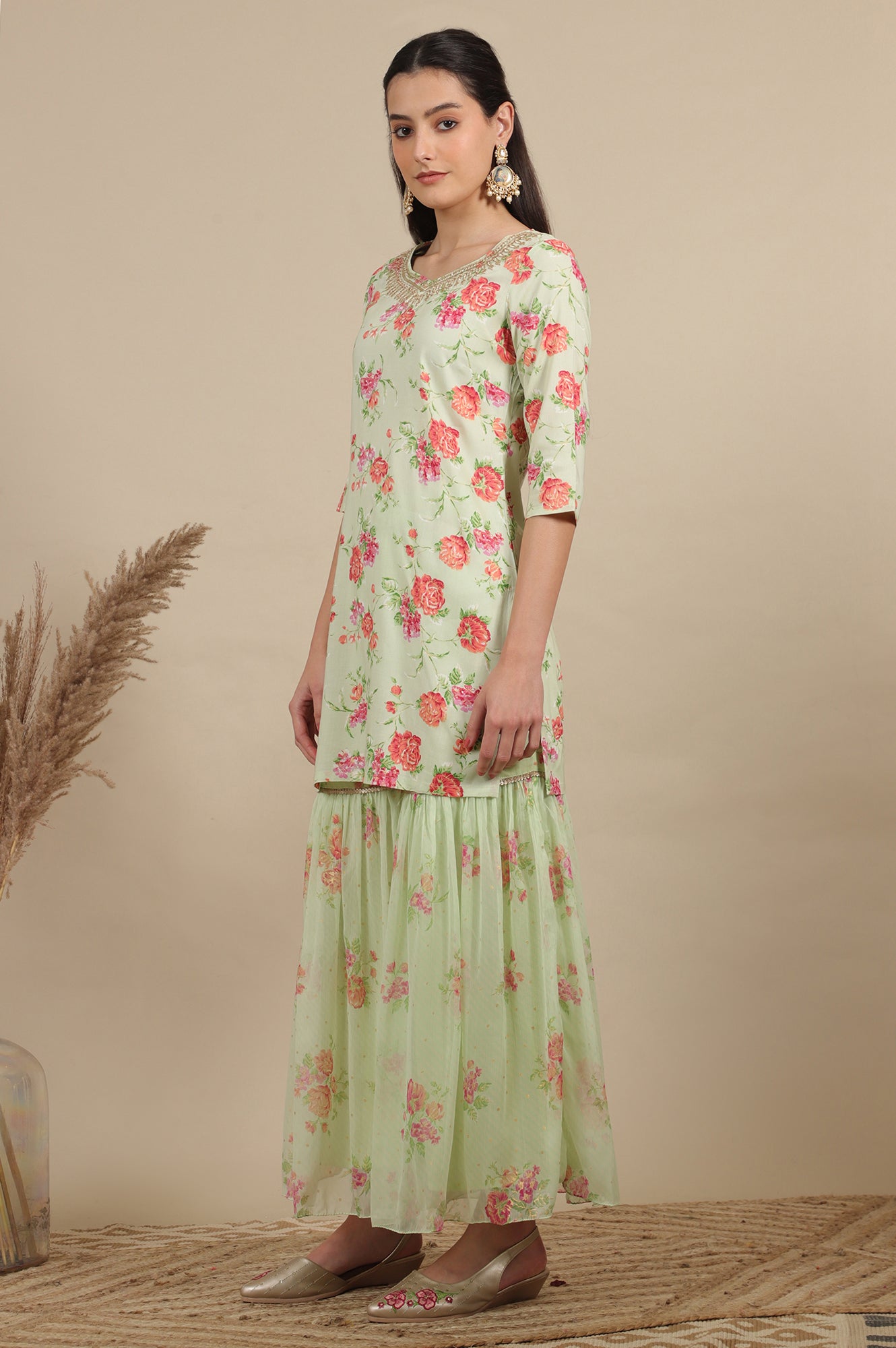 Pink Zari Embroidered Tissue Flared Kurta and Pants and Dupatta Set