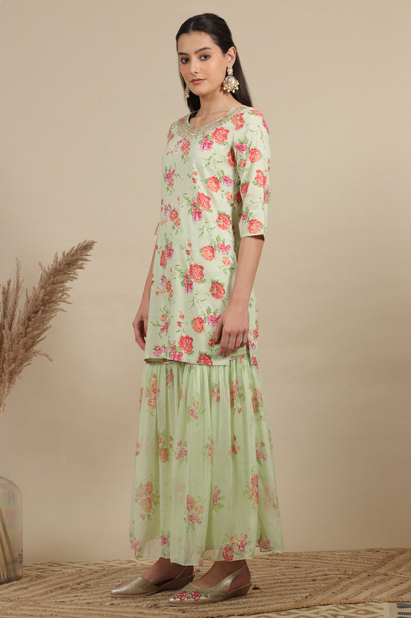 Pink Zari Embroidered Tissue Flared Kurta and Pants and Dupatta Set