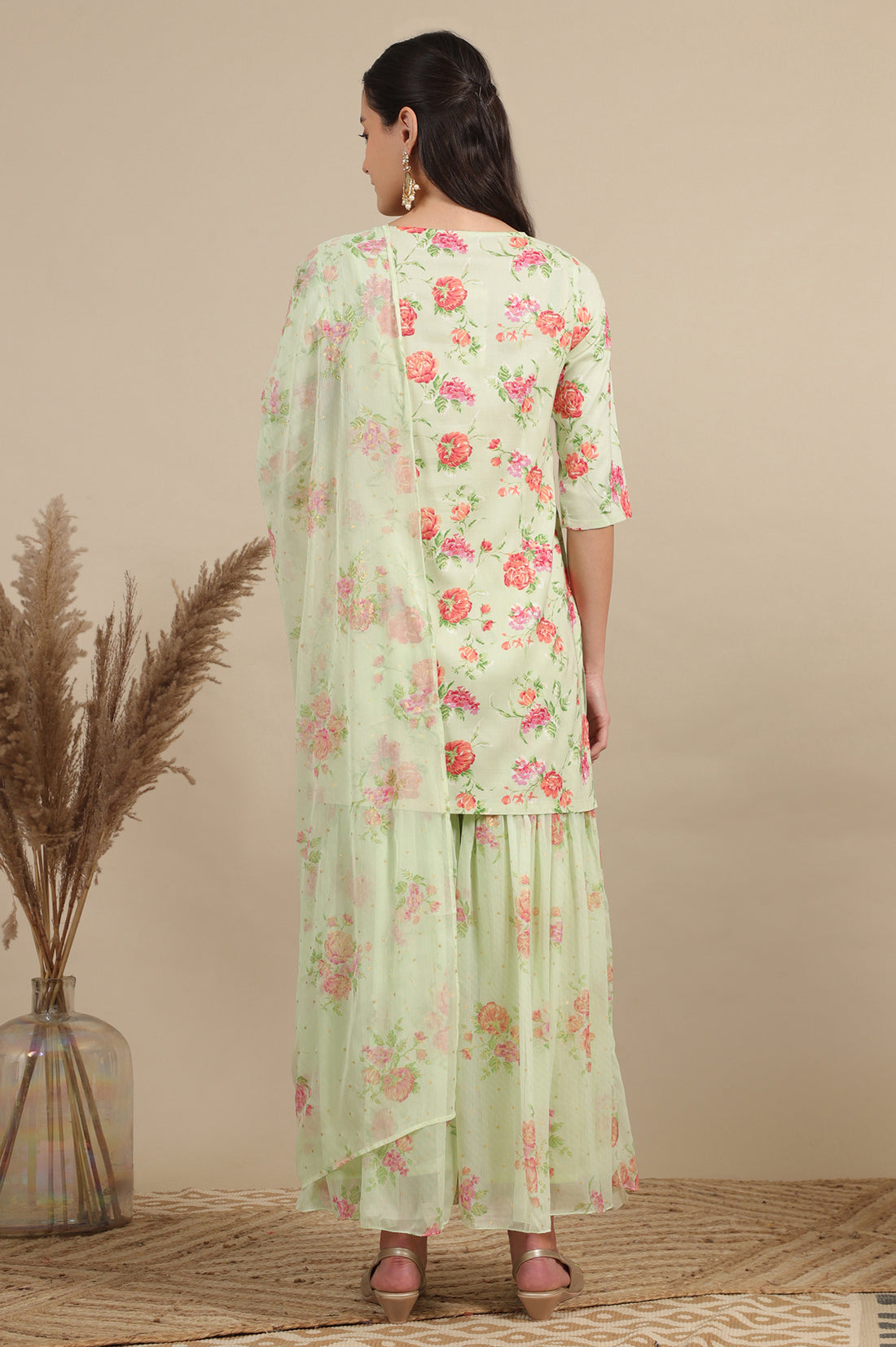 Pink Zari Embroidered Tissue Flared Kurta and Pants and Dupatta Set