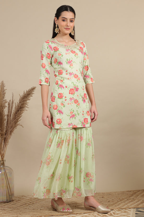 Pink Zari Embroidered Tissue Flared Kurta and Pants and Dupatta Set