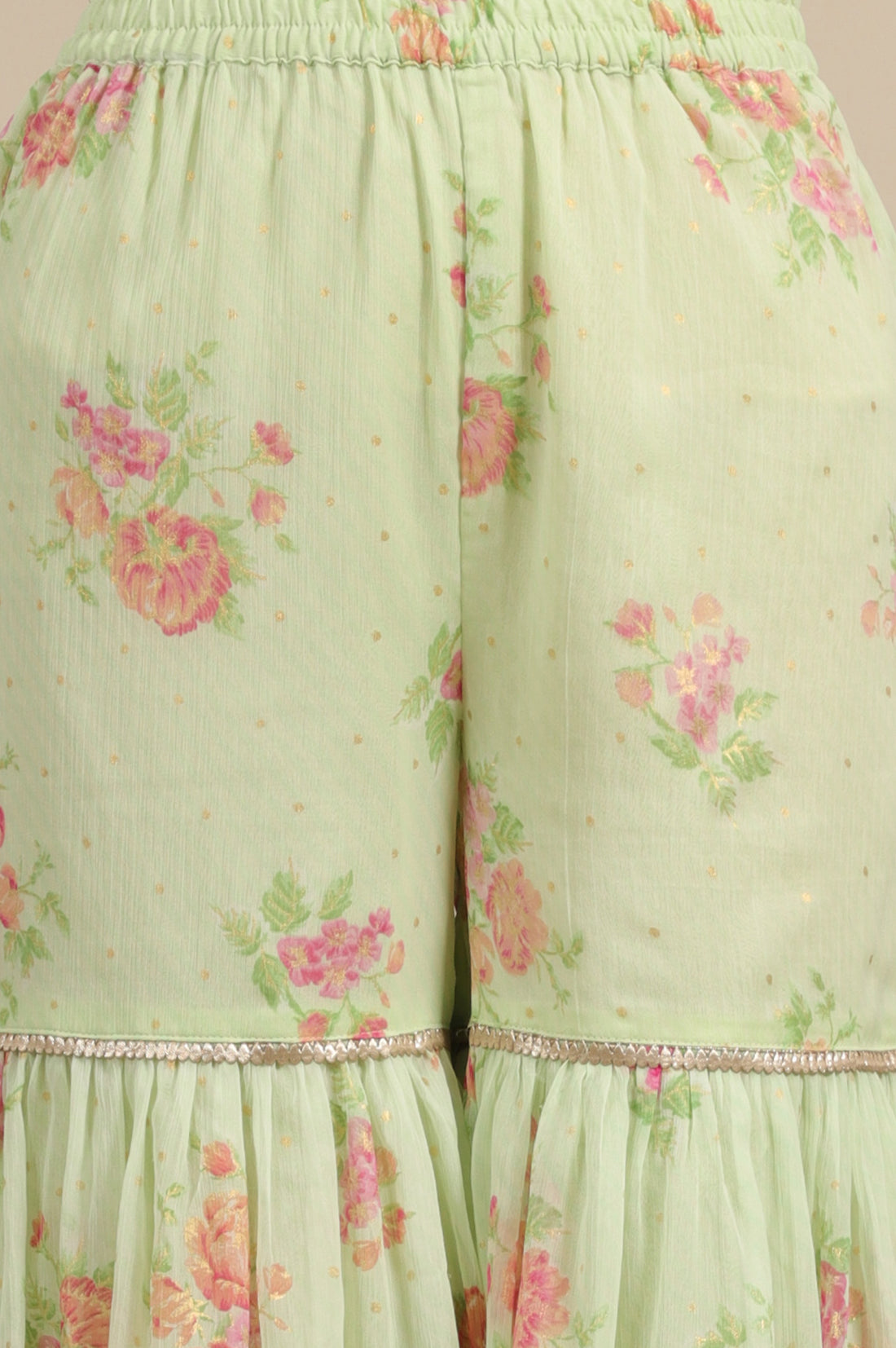 Pink Zari Embroidered Tissue Flared Kurta and Pants and Dupatta Set