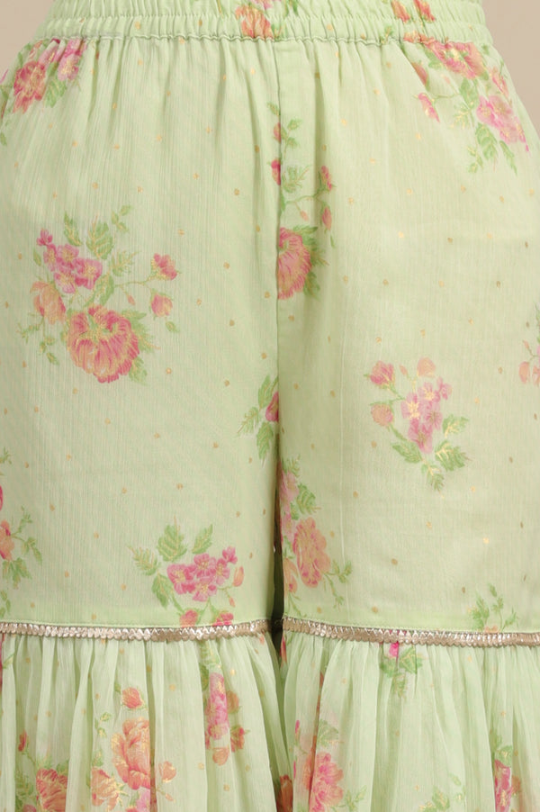 Pink Zari Embroidered Tissue Flared Kurta and Pants and Dupatta Set