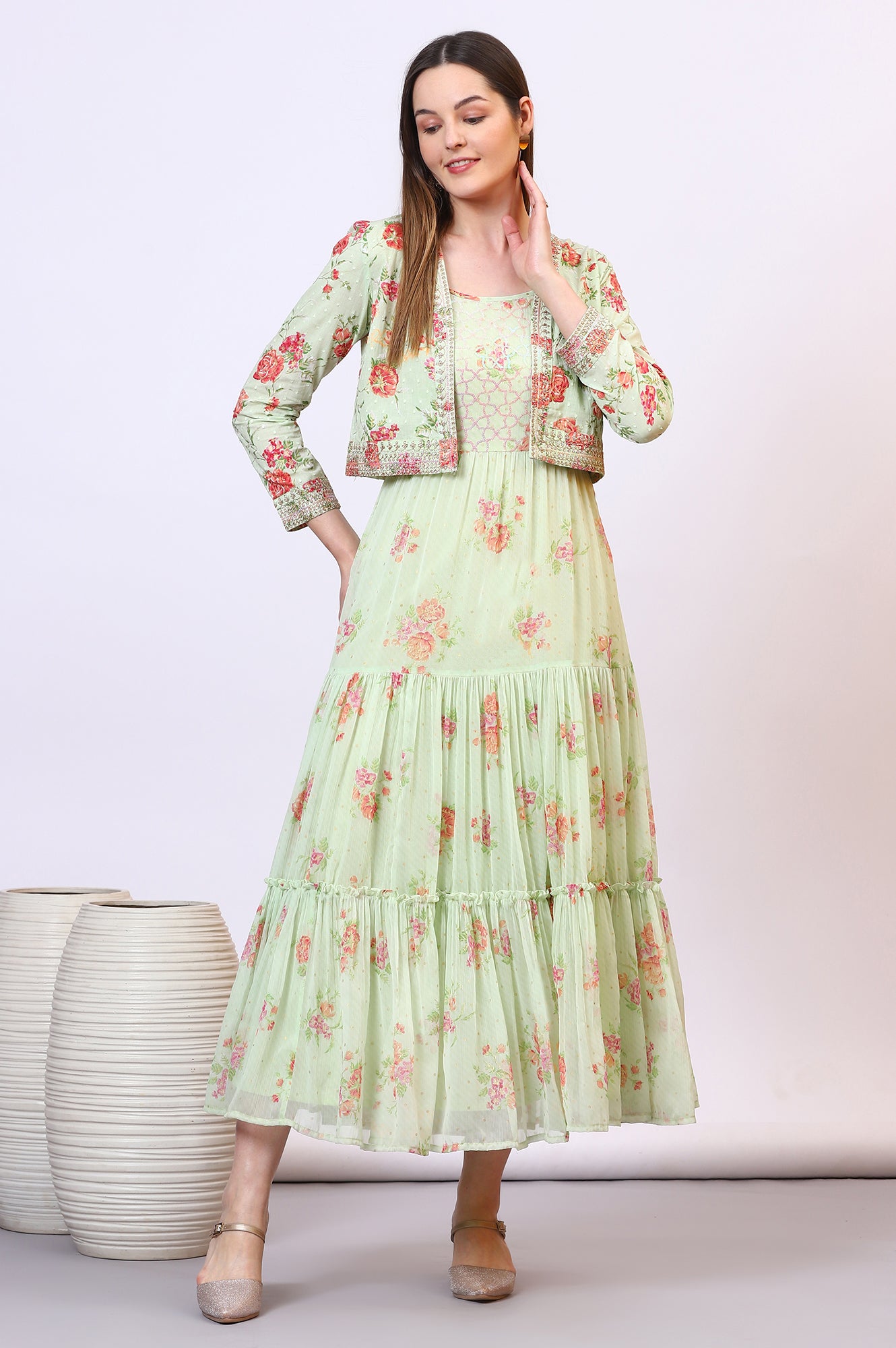 Buy Green Floral Printed Tiered Spaghetti Dress and Short Jacket Set Online for Woman | Shop for Aurelia Buy Green Floral Printed Tiered Spaghetti Dress and Short Jacket Set Online for Woman | Shop for Aurelia