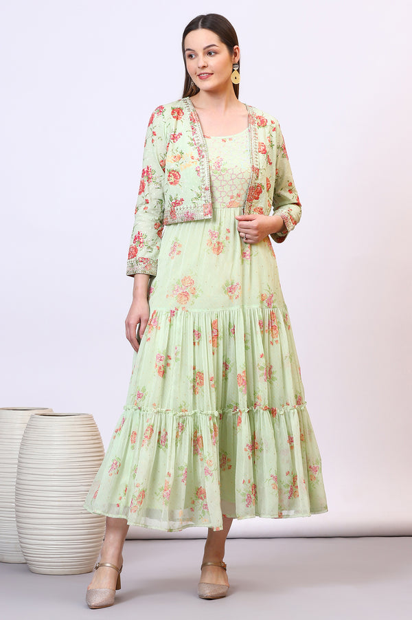 Green Floral Printed Tiered Spaghetti Dress and Short Jacket Set
