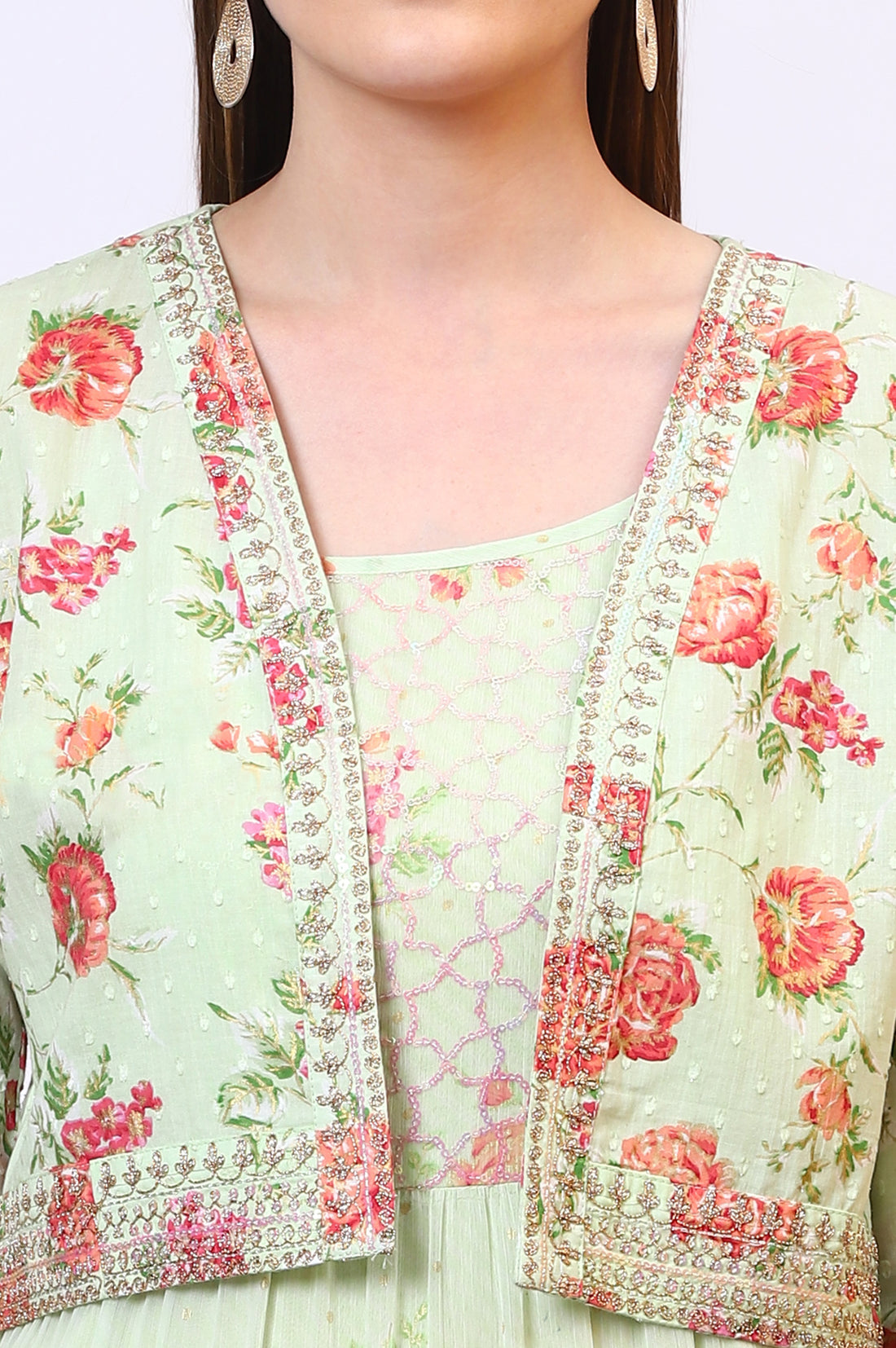 Green Floral Printed Tiered Spaghetti Dress and Short Jacket Set